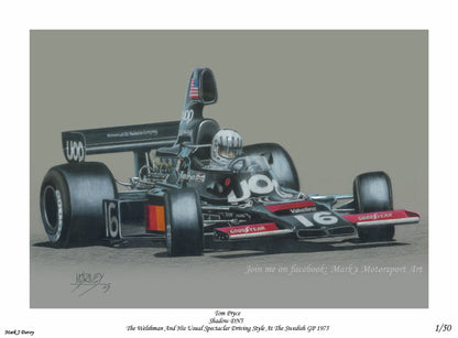 Tom Pryce powersliding the Shadow DN5 at the 1975 Swedish GP - Limited Edition Giclee Print - Vroom Classics